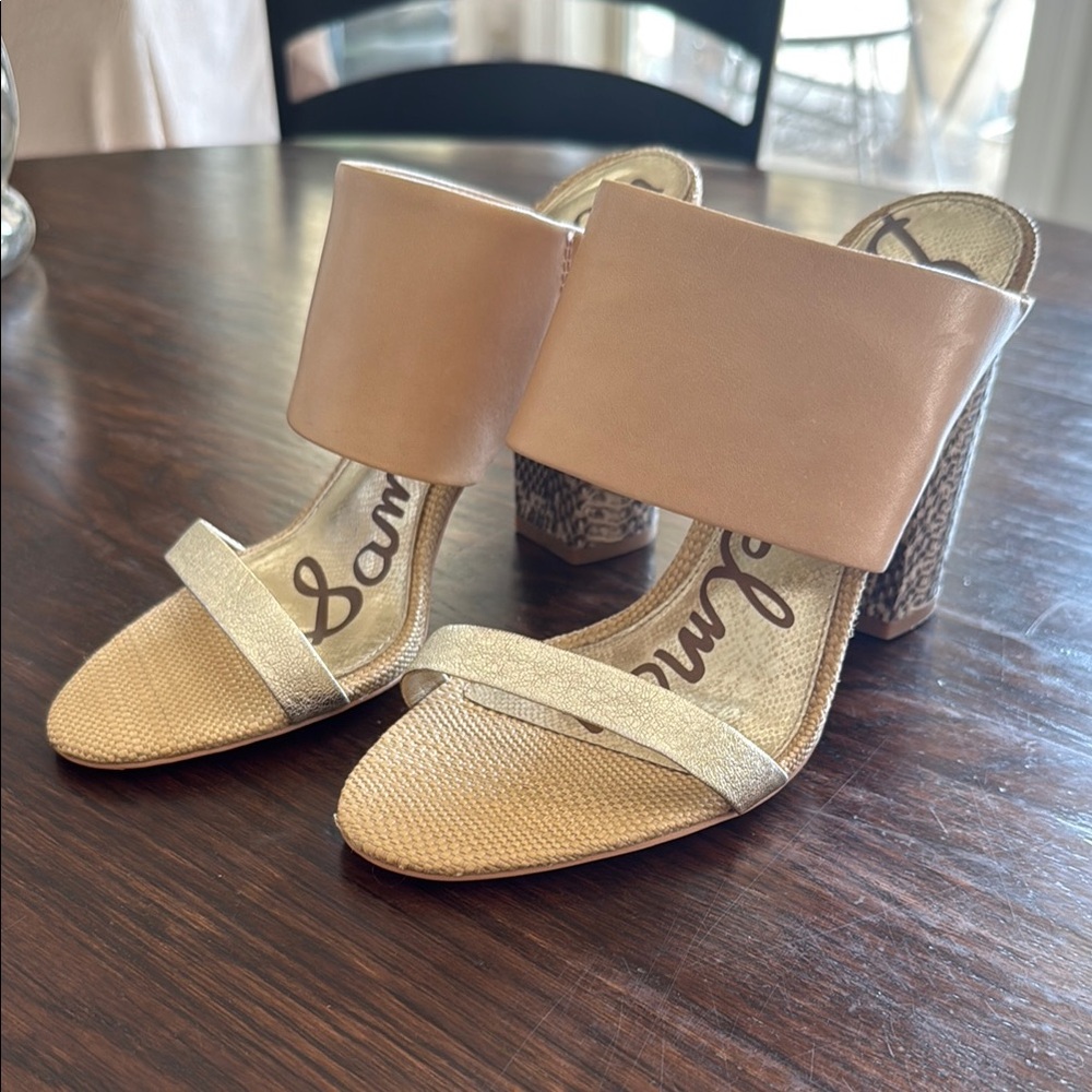 Sam Edelman Yoselin Cream and Gold Heels with Modern Block Design